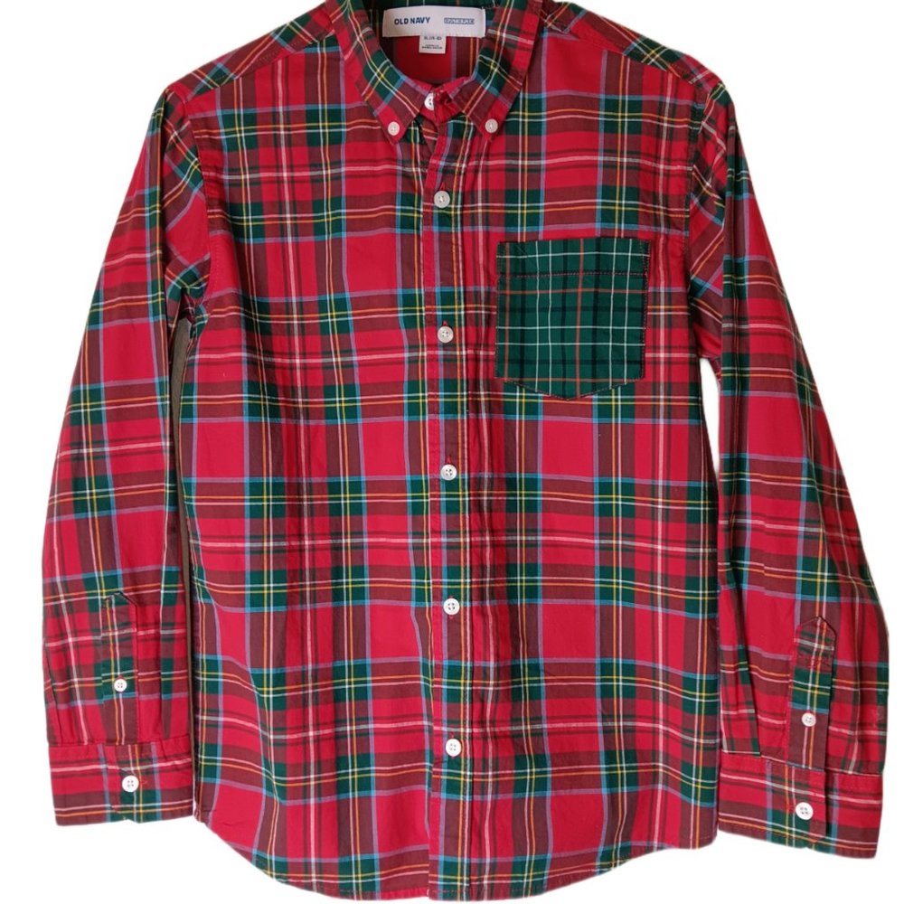 Old Navy Red and Green Tartan Plaid Button Down Shirt Holiday Christmas Youth XL